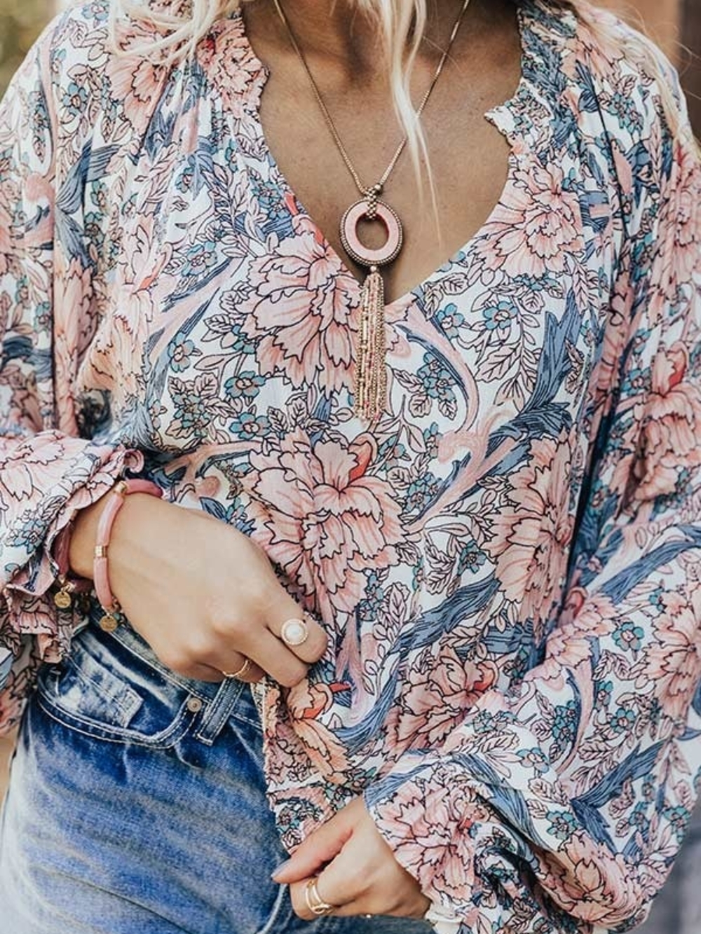 Meritt Floral V-Neck Peasant Blouse - Peach & Blue - Picture 16 of 16